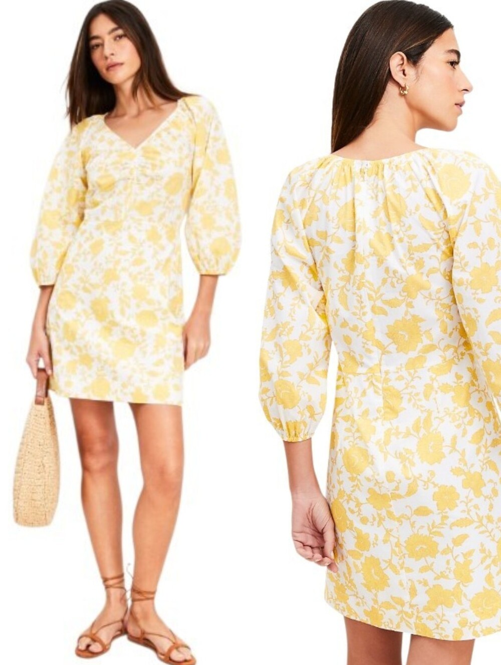 LOFT Floral Cotton Poplin Shirred Midi Dress